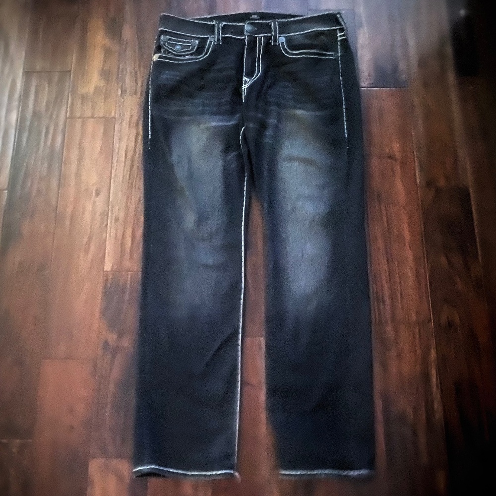 Mens True Religion Ricky Relaxed Straight Washed Black Jeans